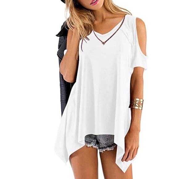 Tops - woman top short sleeve cold shoulder blouse